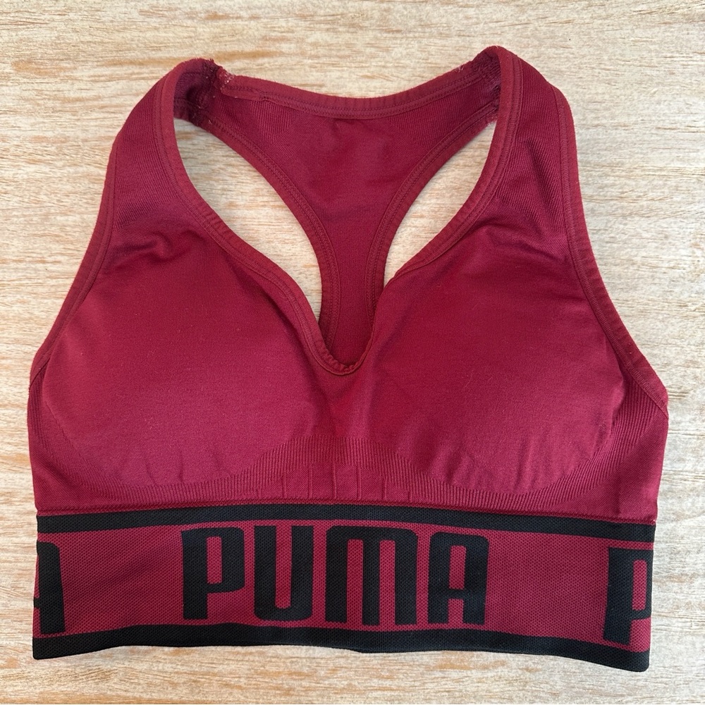 Puma Wine Red Racerback Padded Sports Bra Removable Padding Elastic Wide Band XS